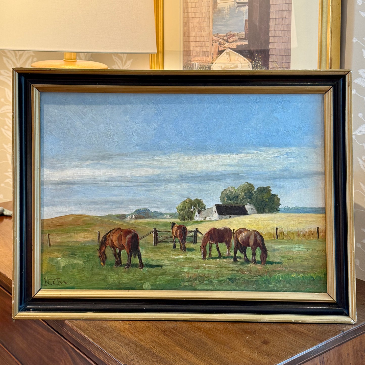 Niels Christiansen Grazing Horses in Farm Landscape Oil Painting in Black and Gold Frame