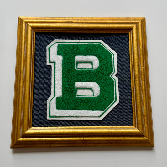 Vintage Large Green Varsity Letter "B" on Navy Blue Fabric in Gold Frame