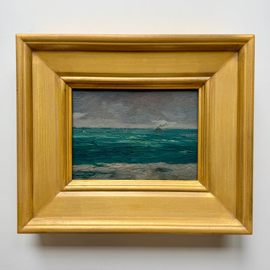 1950 Seascape with Steamship and Sailboats Oil Painting in Gold Frame
