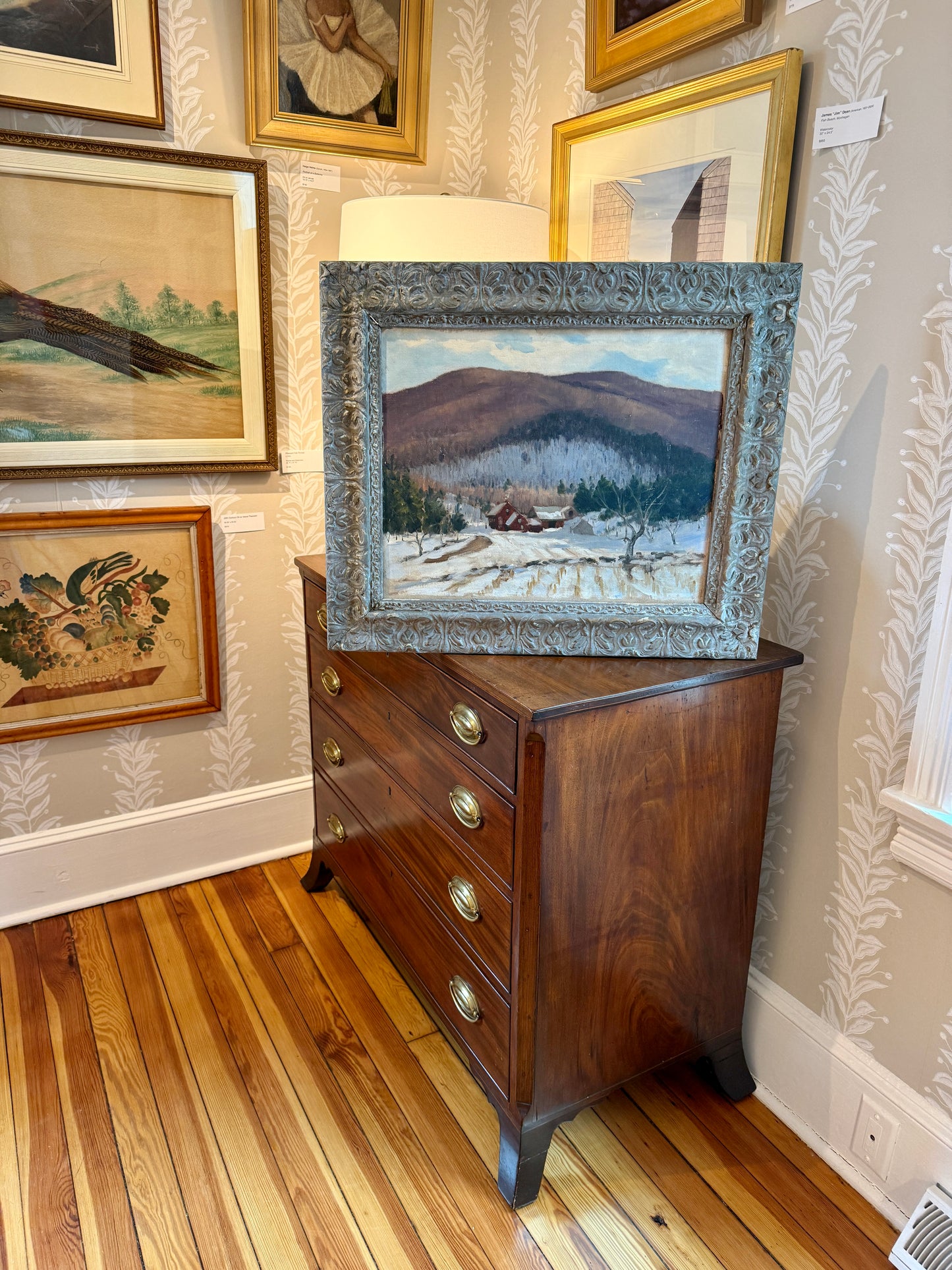 Early 20th Century Farm Landscape Oil Painting in Ornate Gray Frame