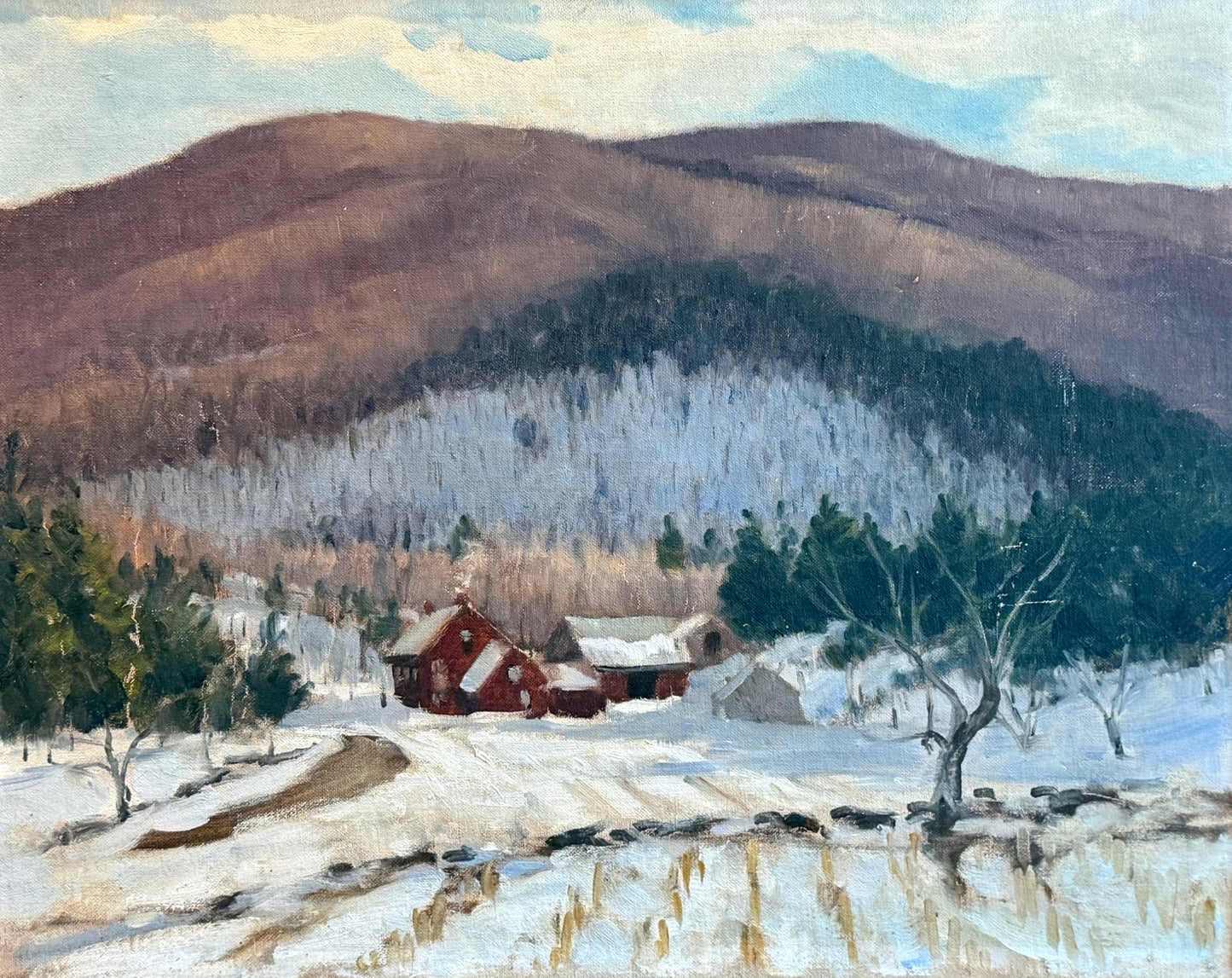 Early 20th Century Farm Landscape Oil Painting in Ornate Gray Frame
