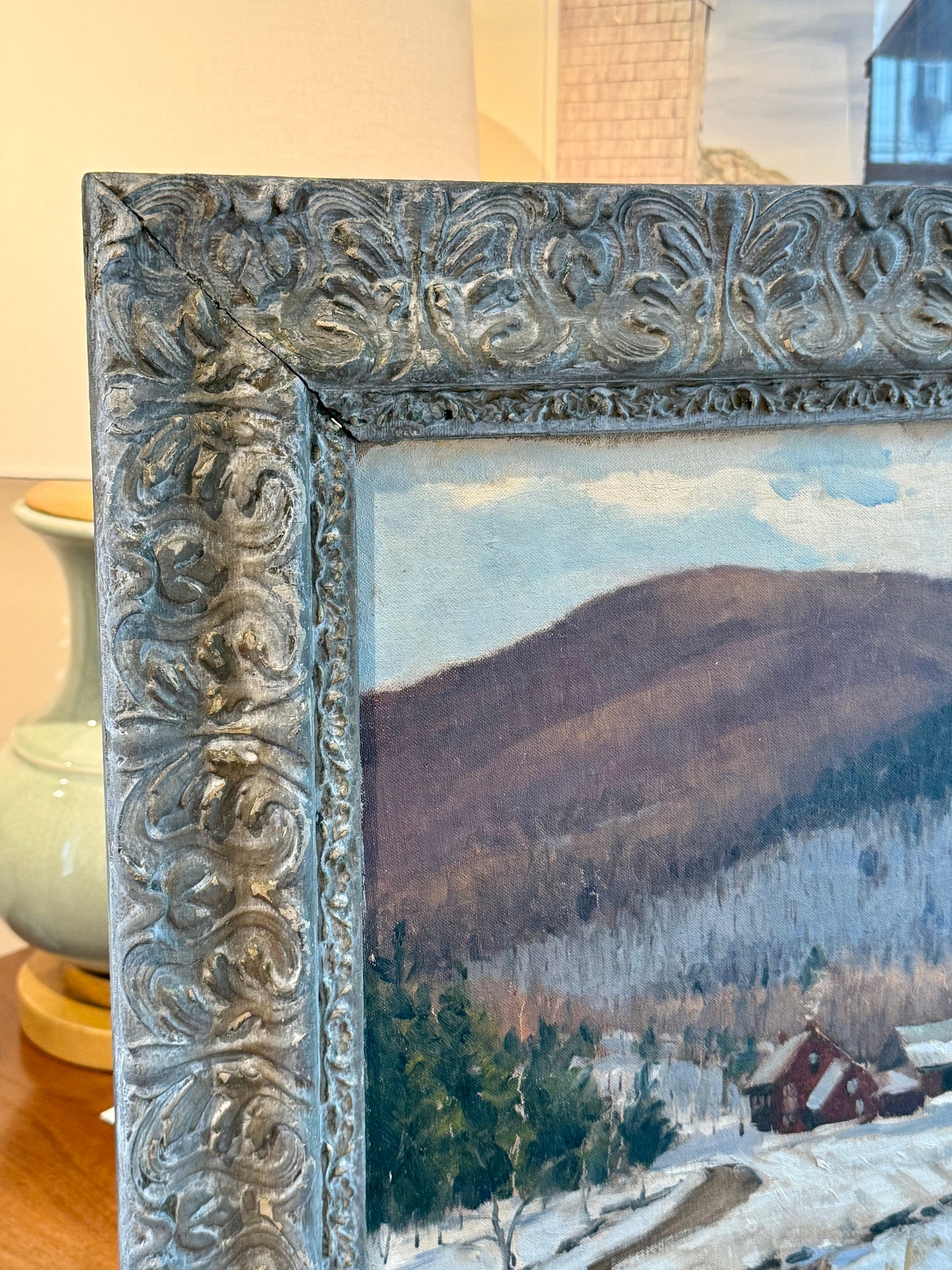 Early 20th Century Farm Landscape Oil Painting in Ornate Gray Frame