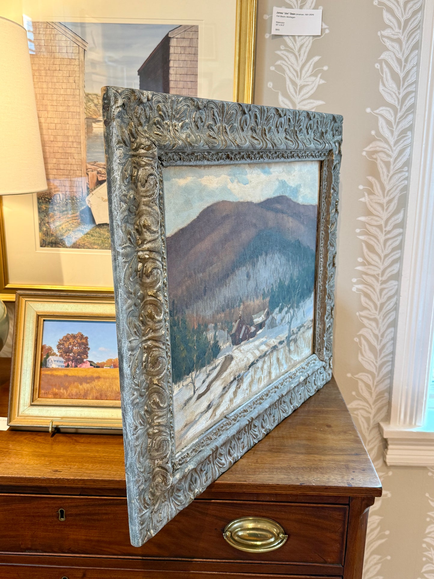 Early 20th Century Farm Landscape Oil Painting in Ornate Gray Frame