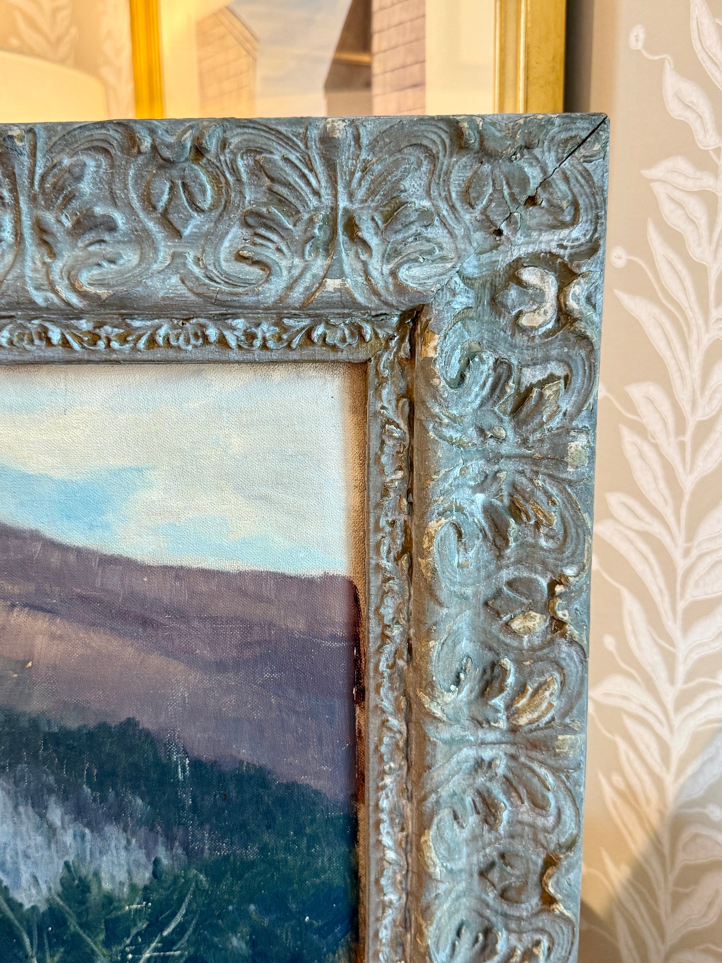 Early 20th Century Farm Landscape Oil Painting in Ornate Gray Frame