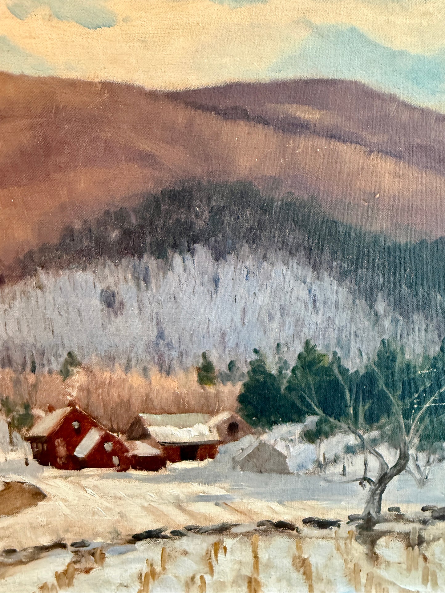 Early 20th Century Farm Landscape Oil Painting in Ornate Gray Frame