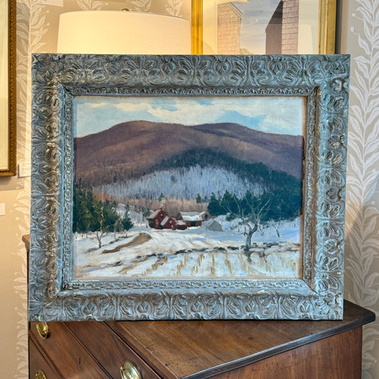 Early 20th Century Farm Landscape Oil Painting in Ornate Gray Frame