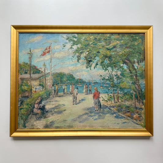 Dockside Summer Crowd Seascape Oil Painting in Gold Frame