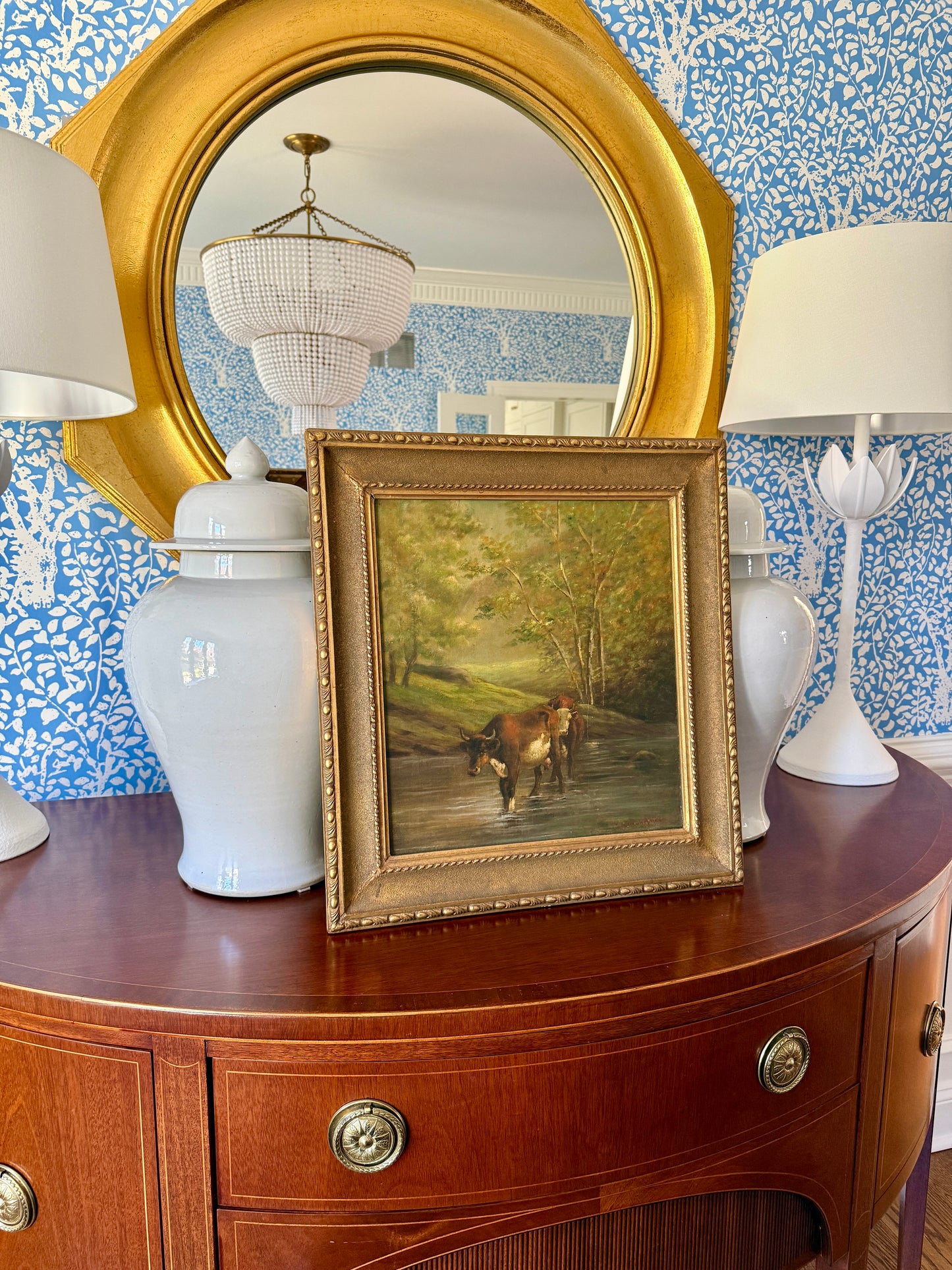 19th Century Cows in Pastoral River Landscape American Oil Painting in Gold Frame