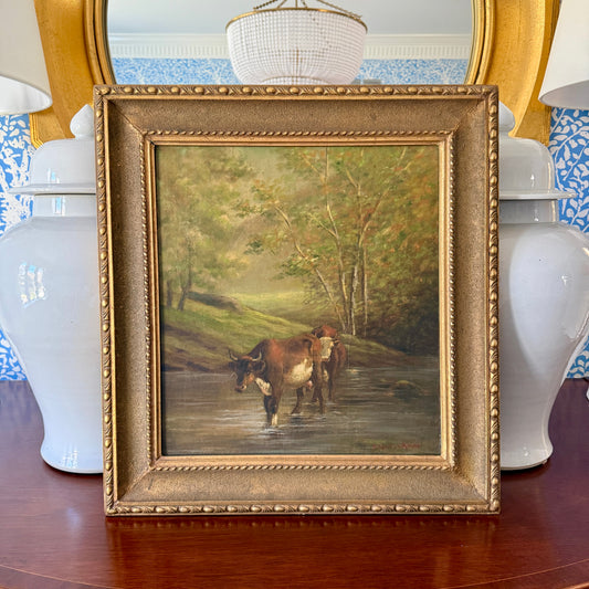 19th Century Cows in Pastoral River Landscape American Oil Painting in Gold Frame