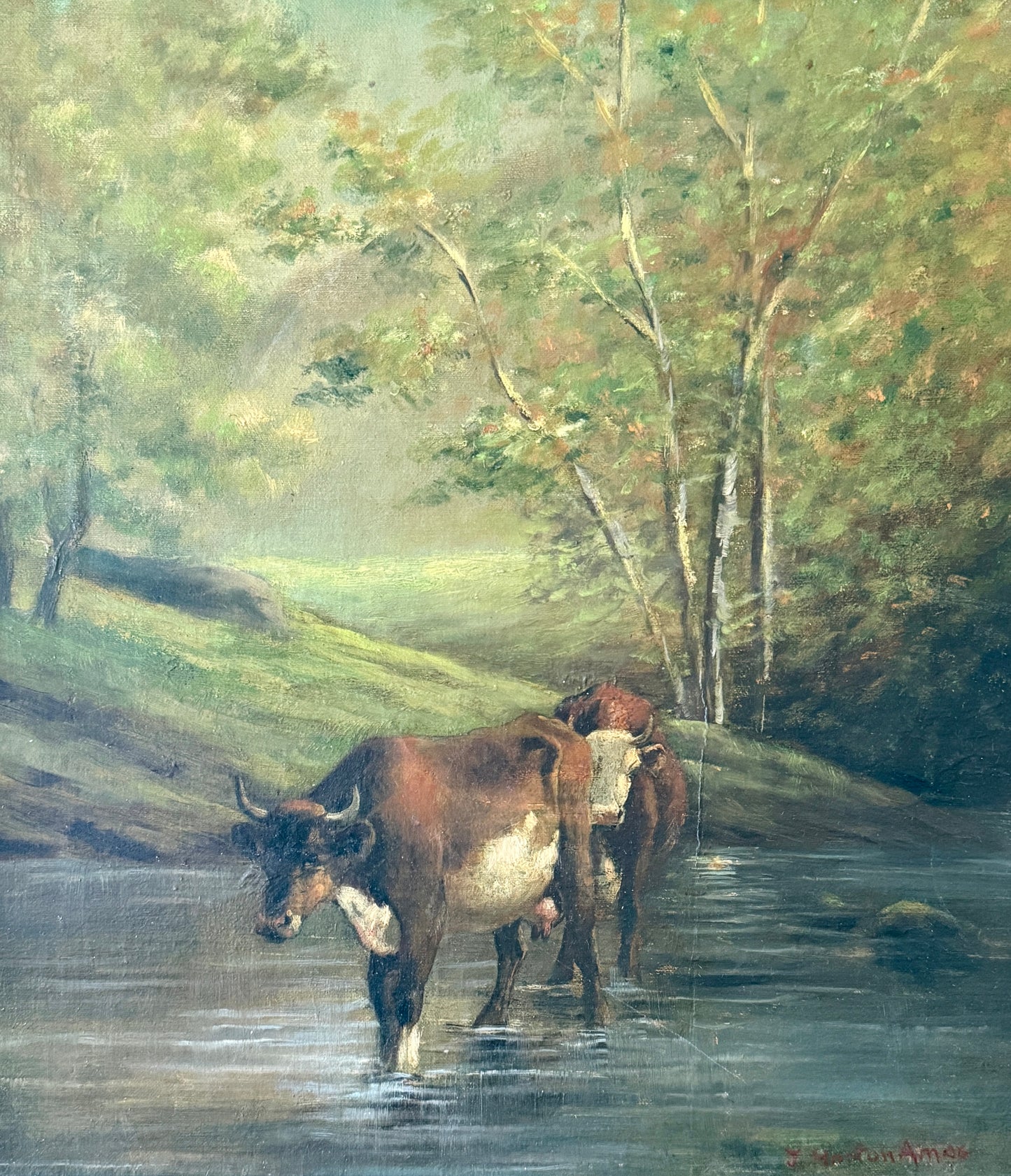19th Century Cows in Pastoral River Landscape American Oil Painting in Gold Frame