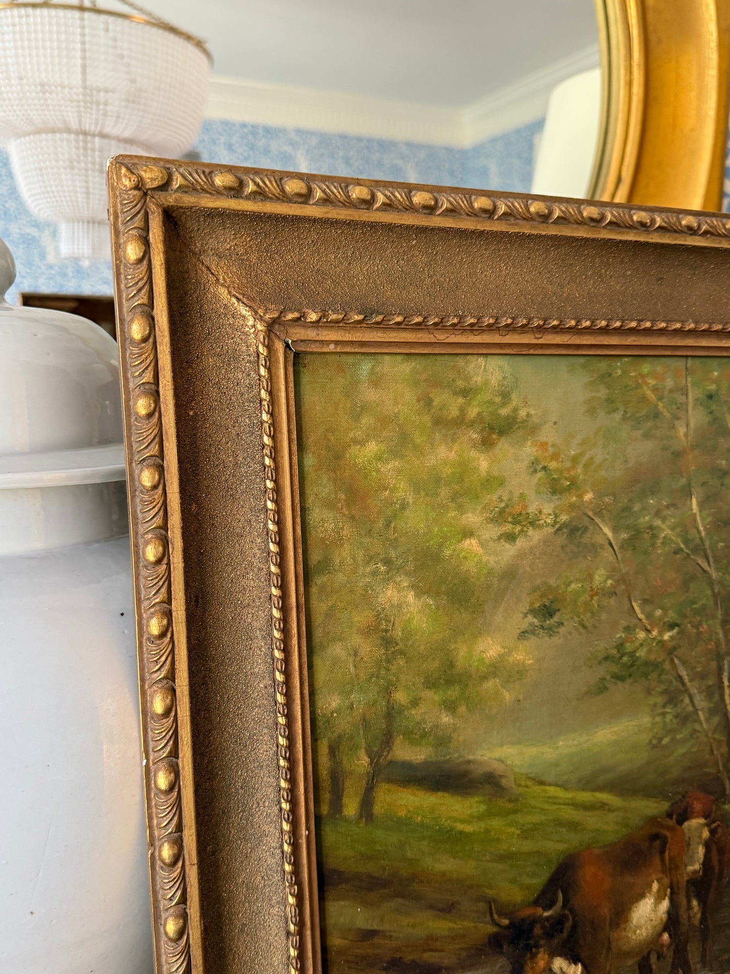 19th Century Cows in Pastoral River Landscape American Oil Painting in Gold Frame