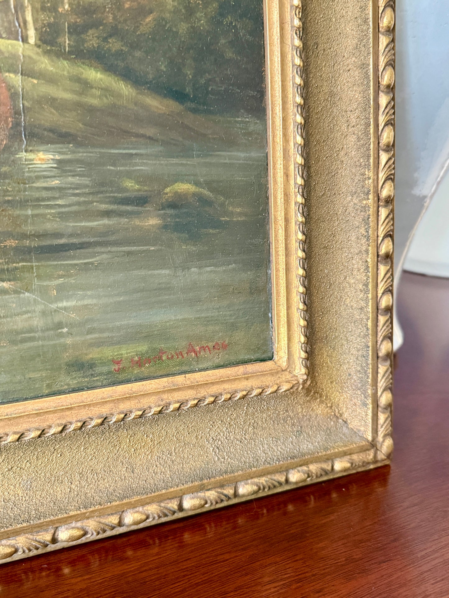 19th Century Cows in Pastoral River Landscape American Oil Painting in Gold Frame