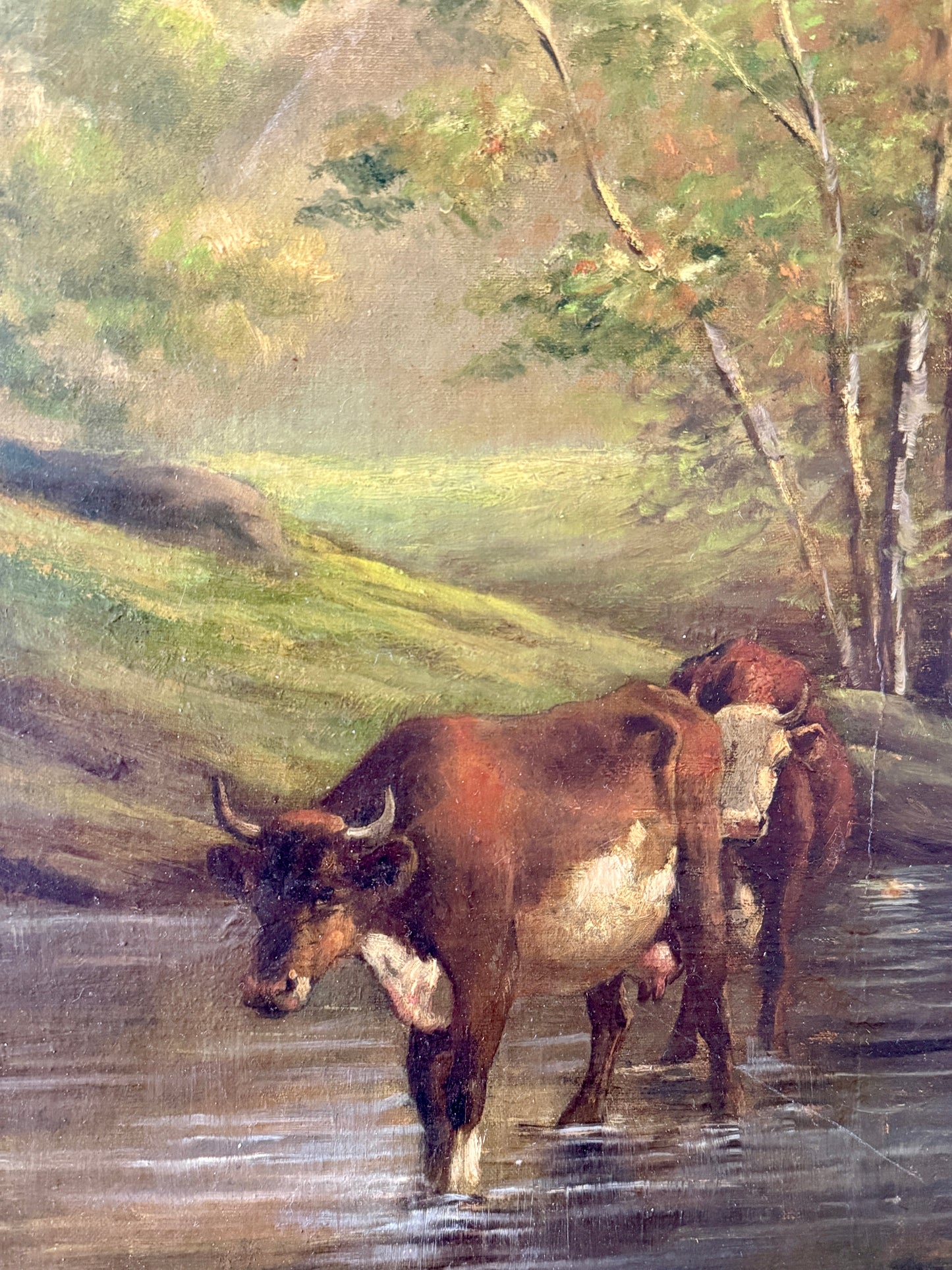 19th Century Cows in Pastoral River Landscape American Oil Painting in Gold Frame