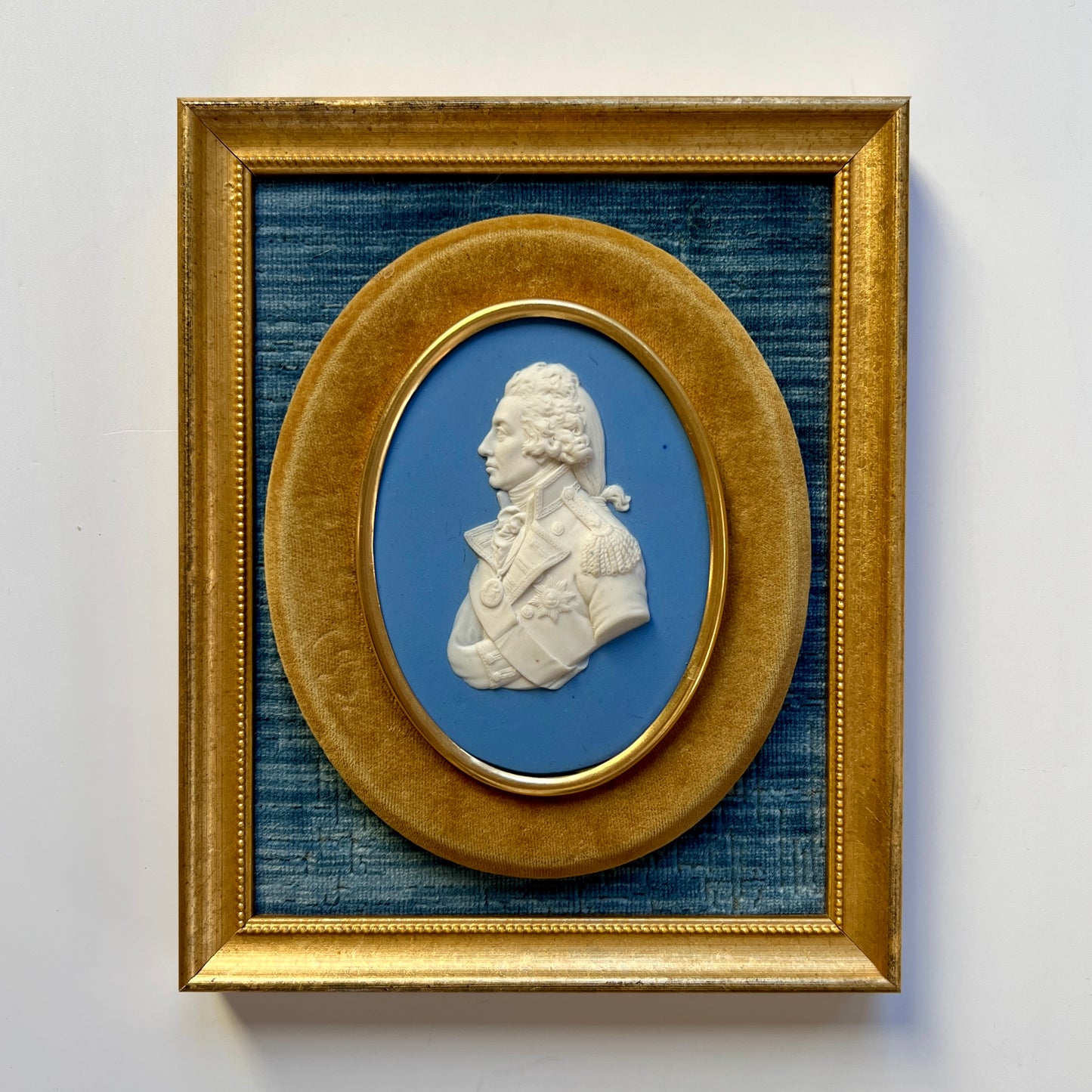 Wedgwood Jasperware Portrait Medallion of Lord Nelson Mounted on Blue Velvet in Gold Frame