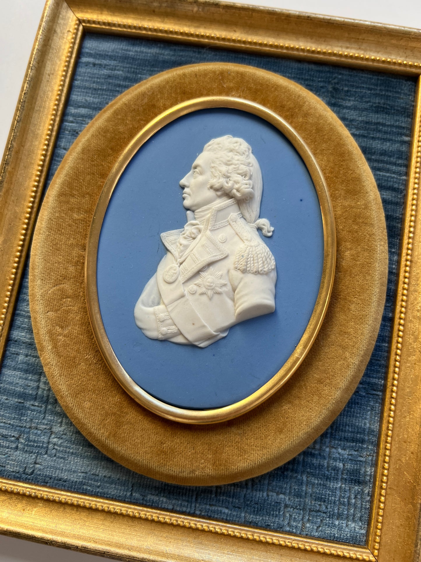 Wedgwood Jasperware Portrait Medallion of Lord Nelson Mounted on Blue Velvet in Gold Frame
