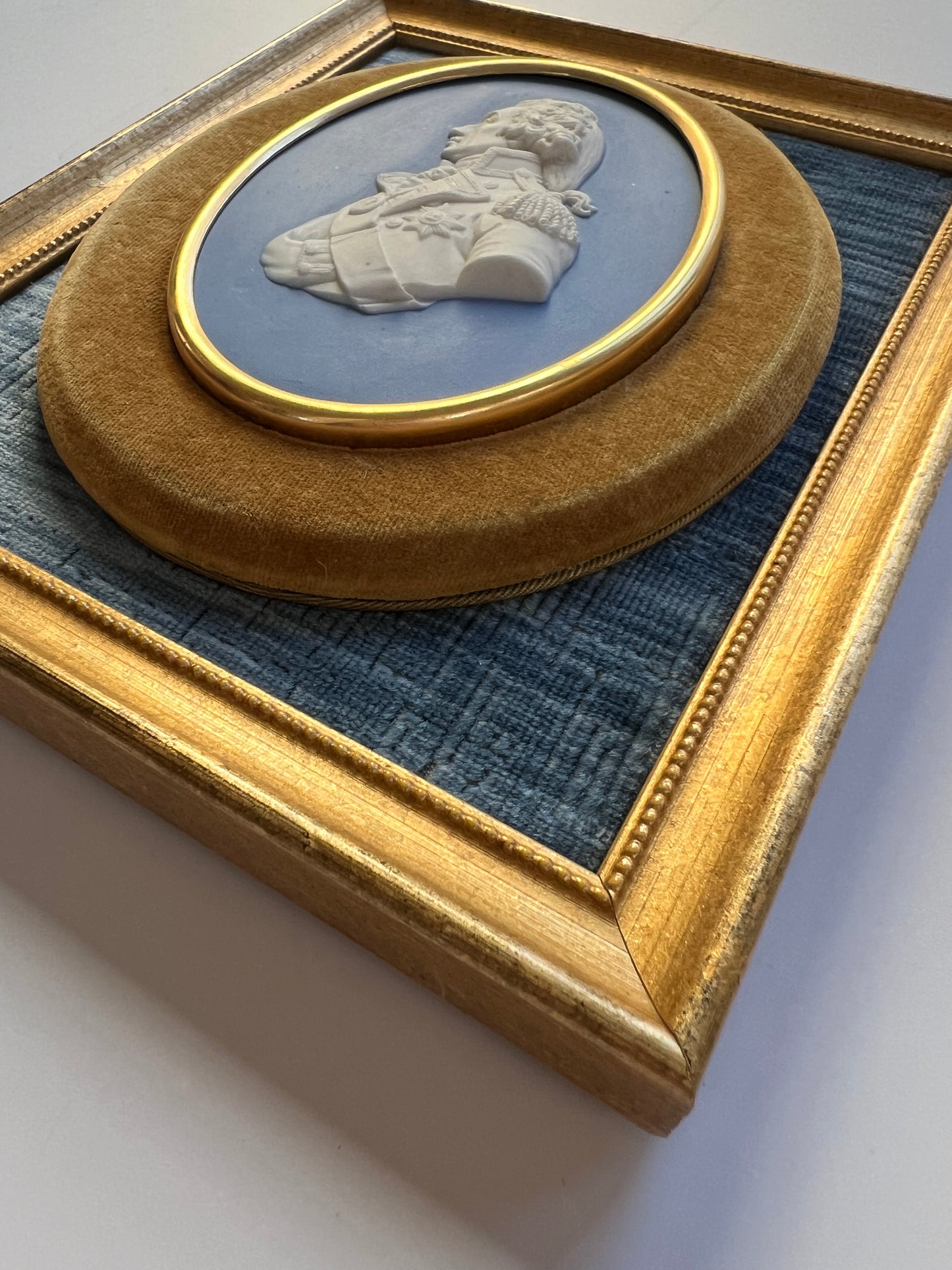 Wedgwood Jasperware Portrait Medallion of Lord Nelson Mounted on Blue Velvet in Gold Frame