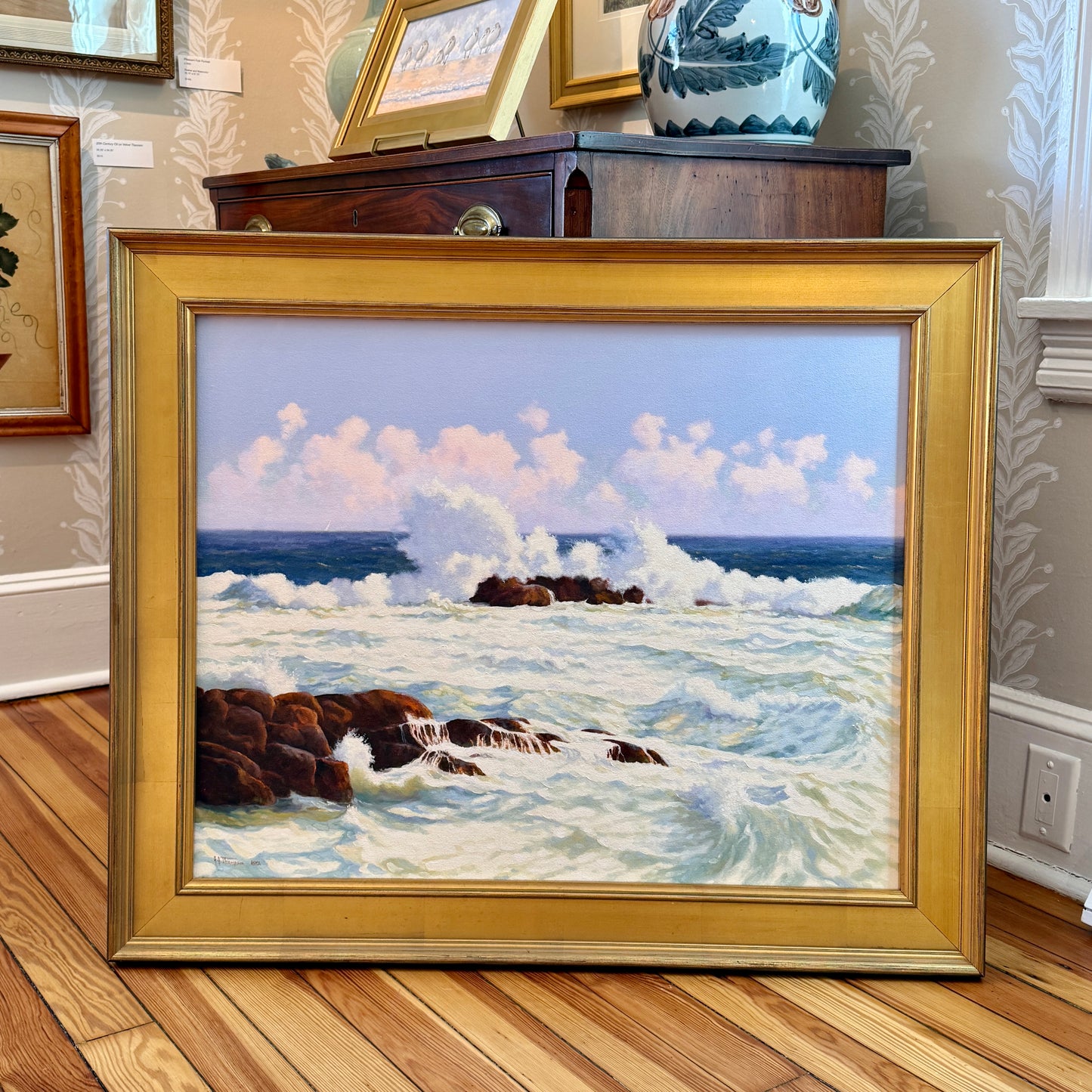 Anthony R. Thompson Surf at Monhegan (Maine) Seascape Oil Painting in Gold Frame