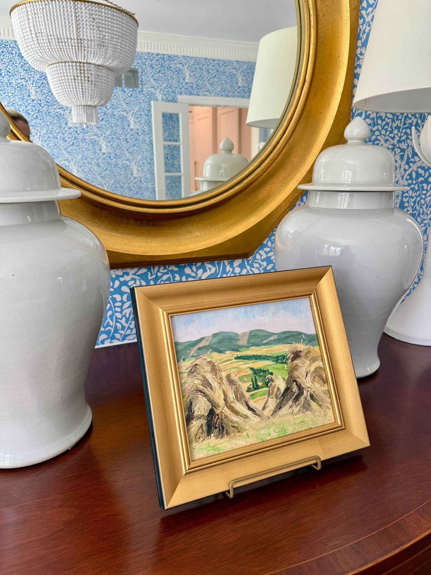 Vintage Summer Haystacks Oil Painting in Gold Frame