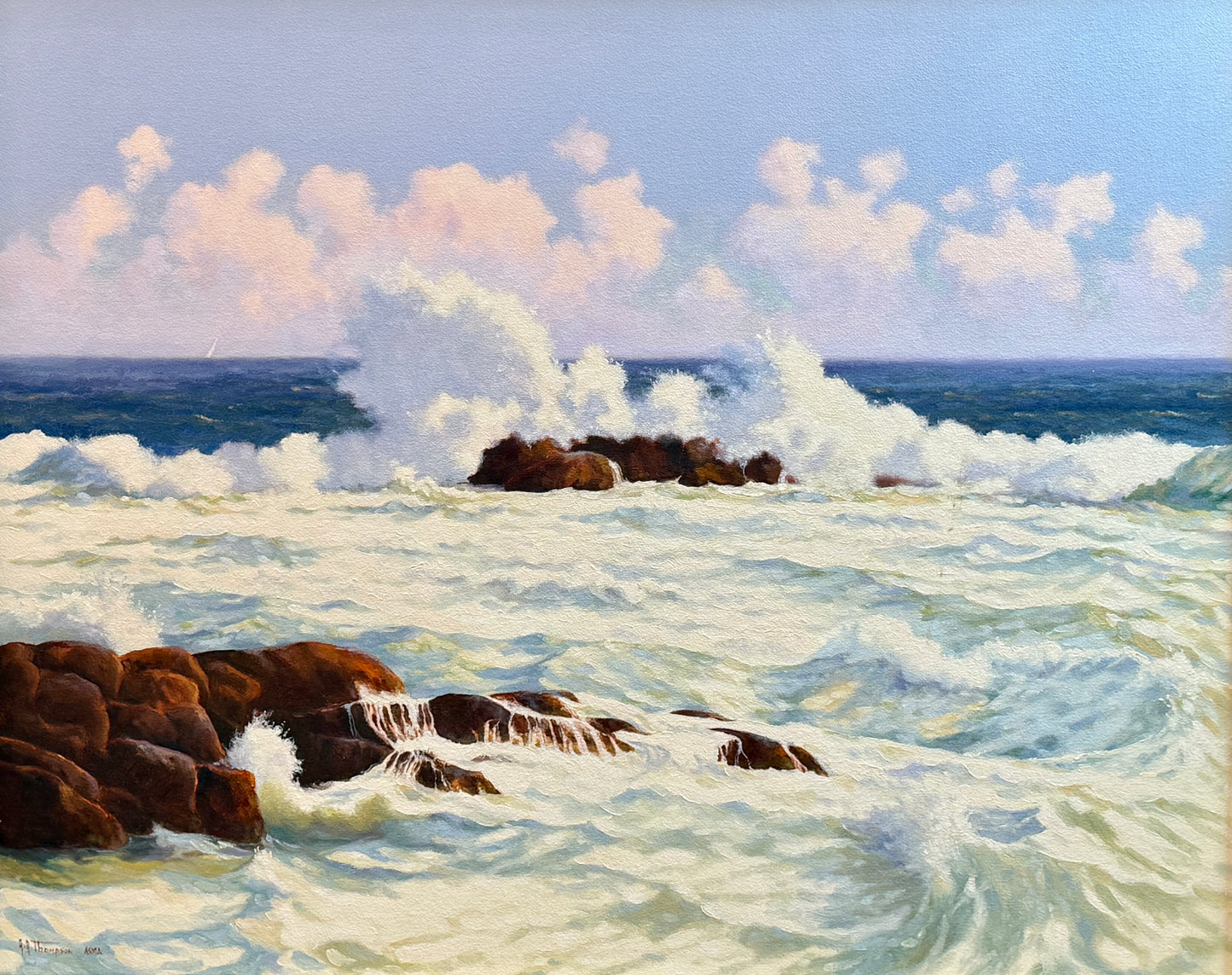 Anthony R. Thompson Surf at Monhegan (Maine) Seascape Oil Painting in Gold Frame