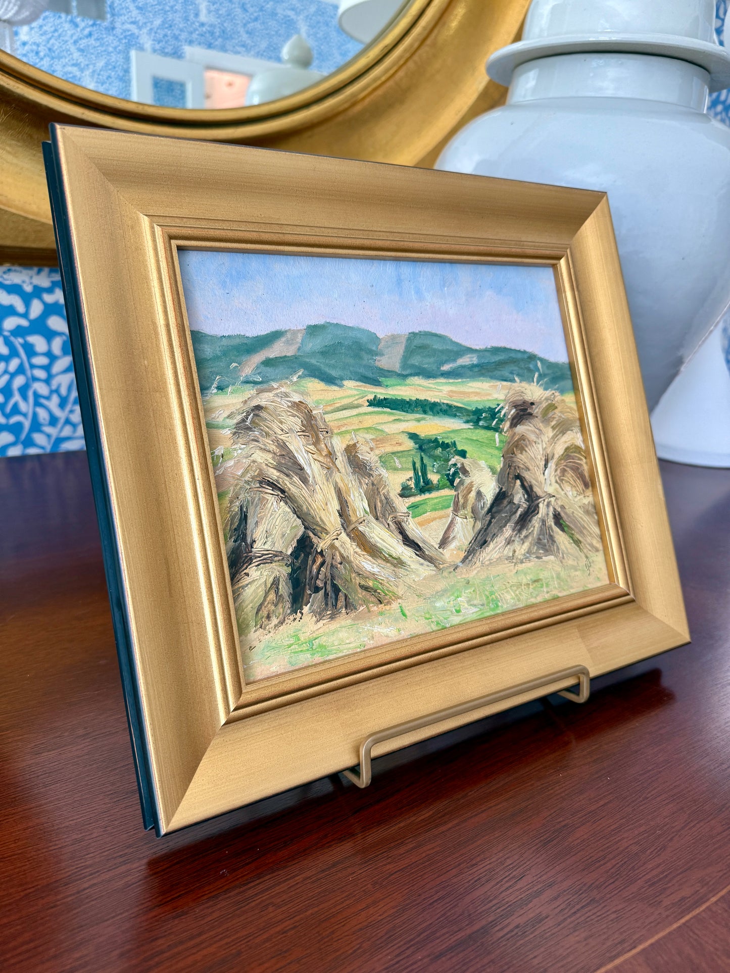 Vintage Summer Haystacks Oil Painting in Gold Frame