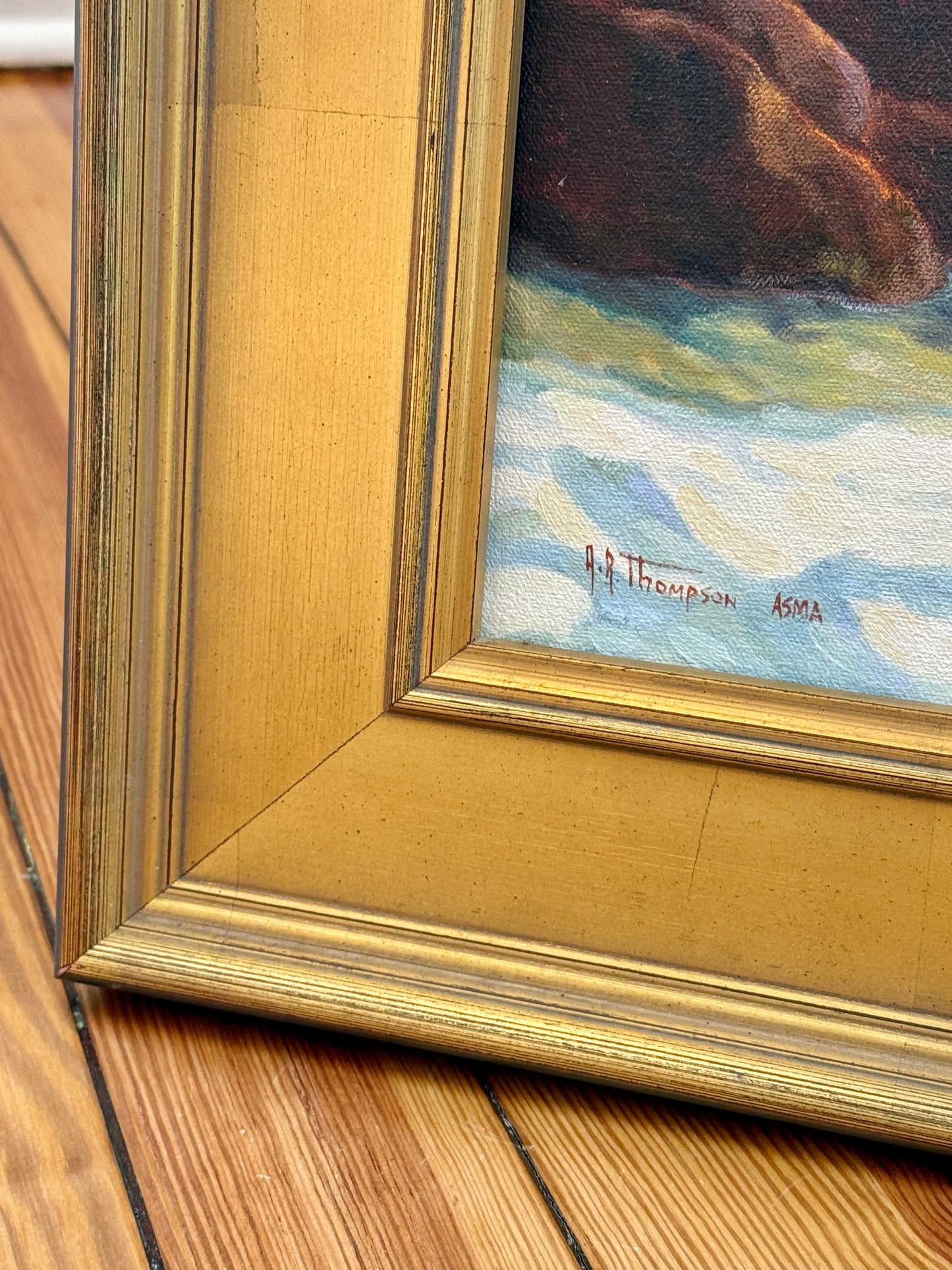Anthony R. Thompson Surf at Monhegan (Maine) Seascape Oil Painting in Gold Frame