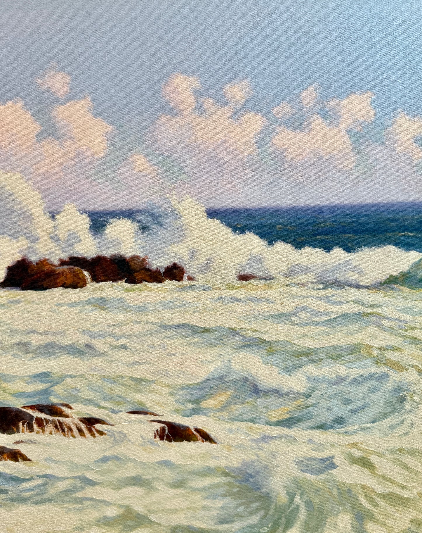 Anthony R. Thompson Surf at Monhegan (Maine) Seascape Oil Painting in Gold Frame