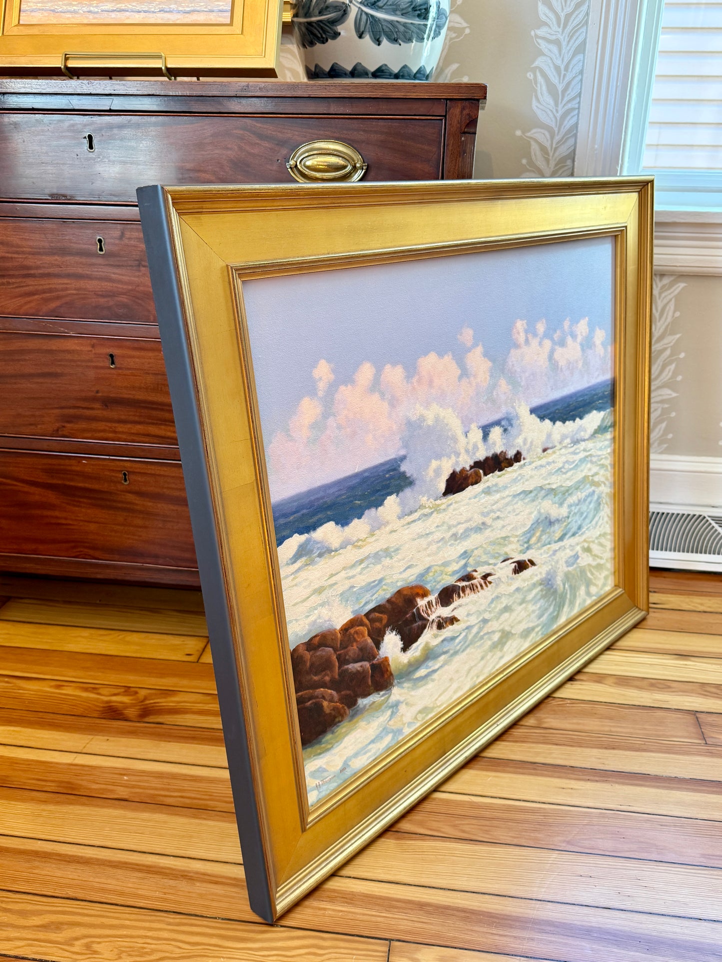 Anthony R. Thompson Surf at Monhegan (Maine) Seascape Oil Painting in Gold Frame