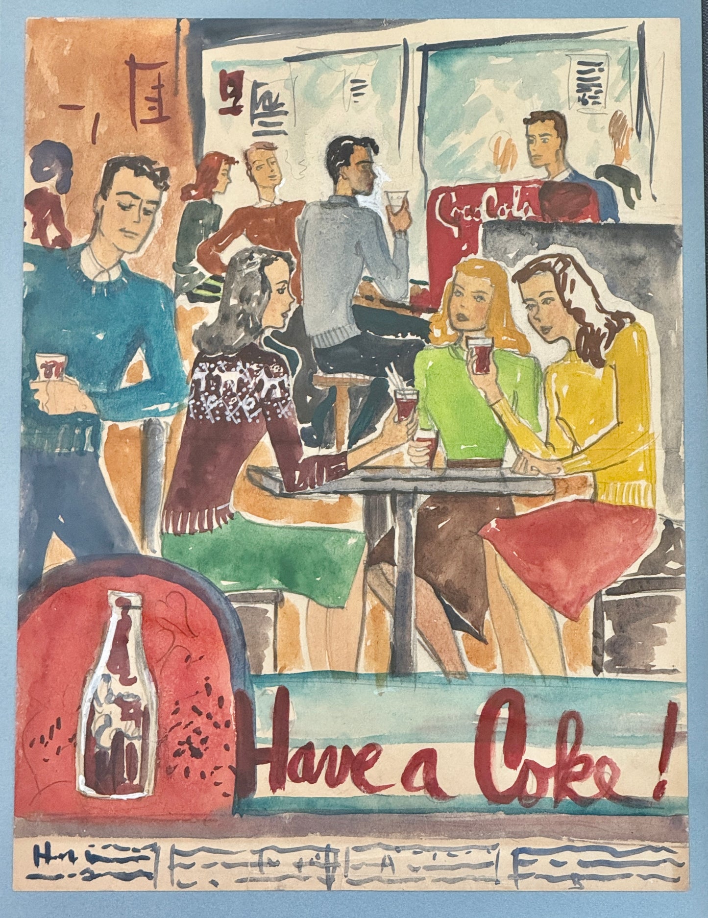 Victoria Donohue 1940s Have a Coke Coca Cola Advertisement Watercolor Painting in Gold Frame