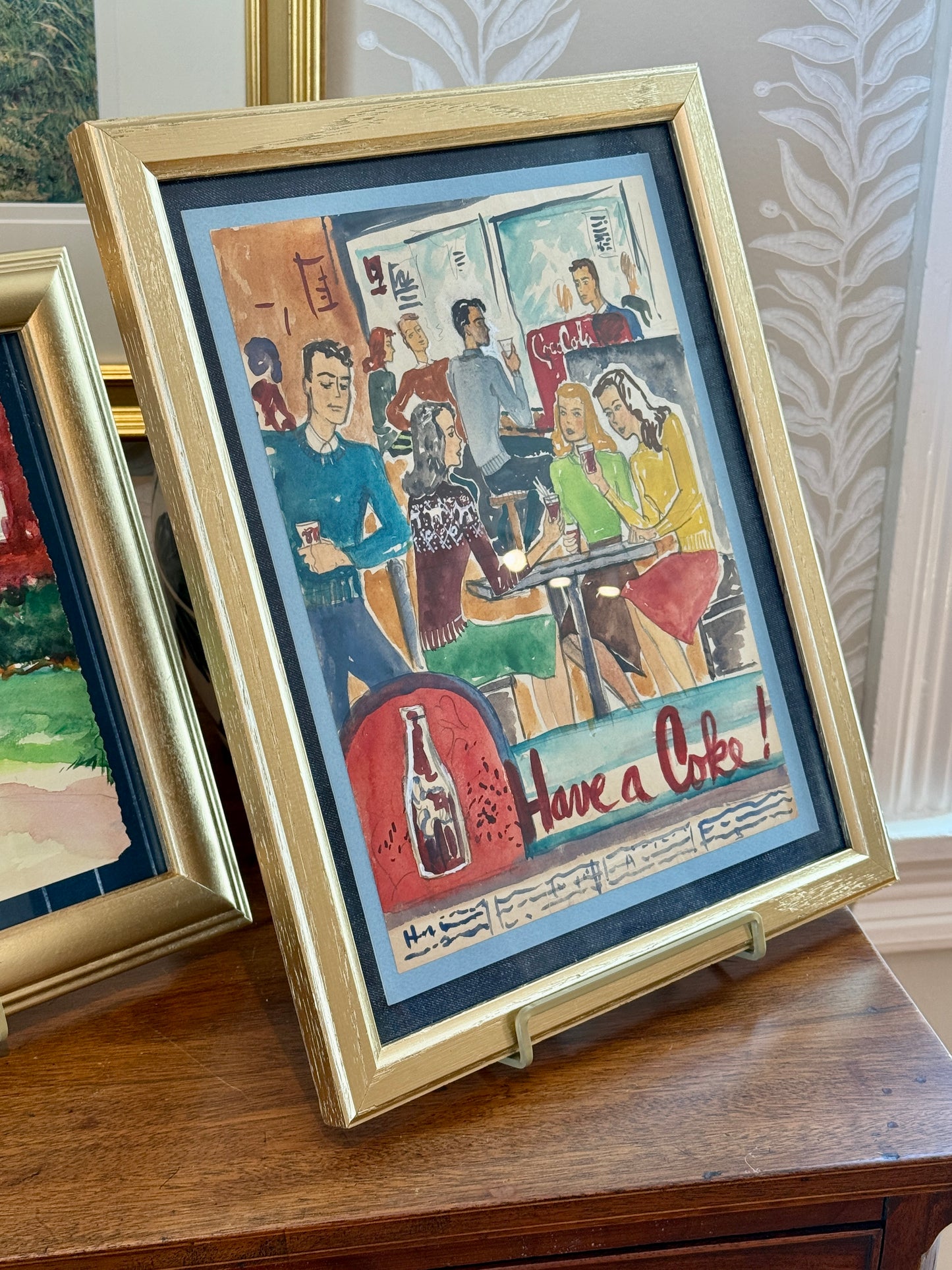 Victoria Donohue 1940s Have a Coke Coca Cola Advertisement Watercolor Painting in Gold Frame