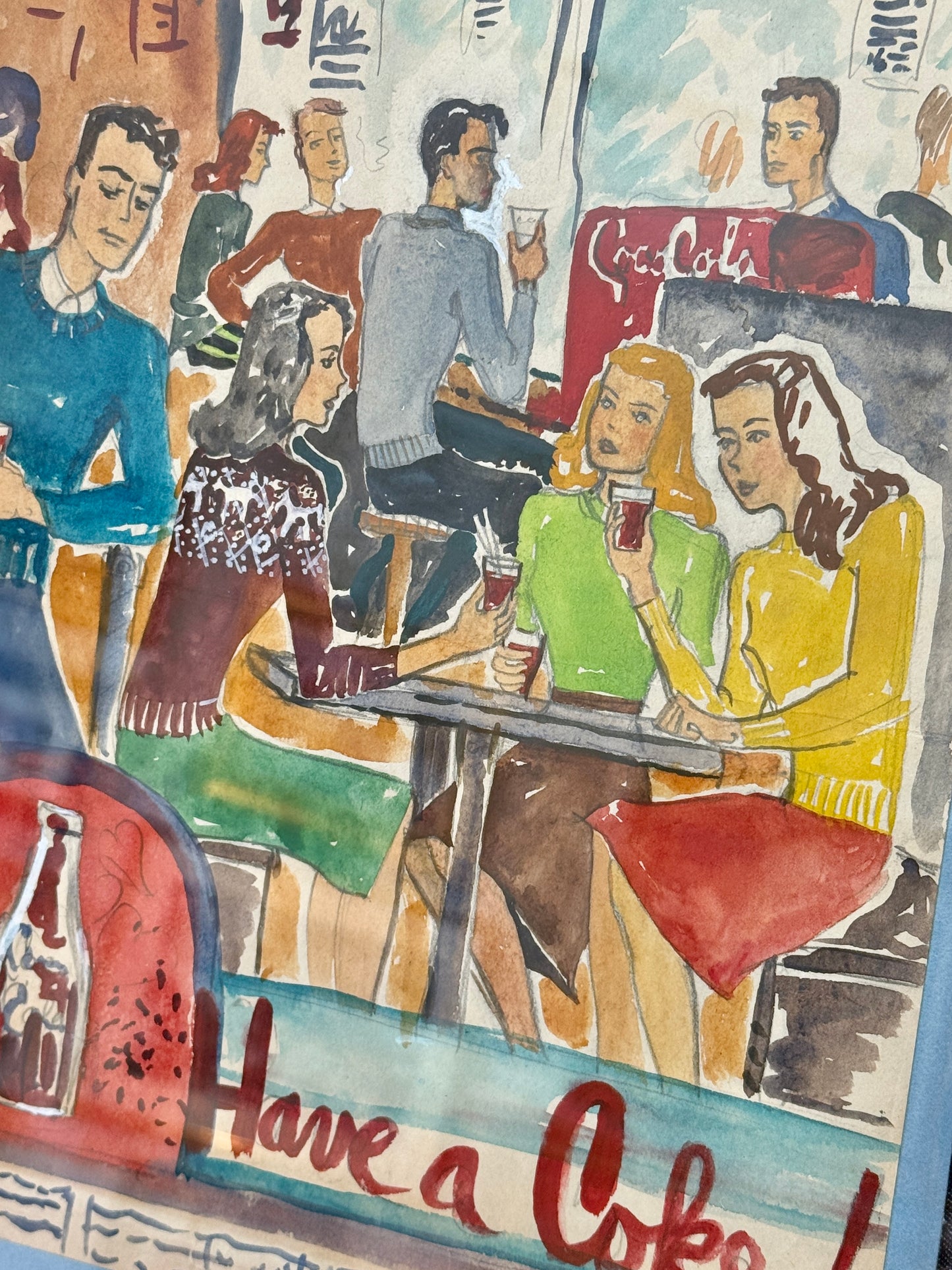 Victoria Donohue 1940s Have a Coke Coca Cola Advertisement Watercolor Painting in Gold Frame