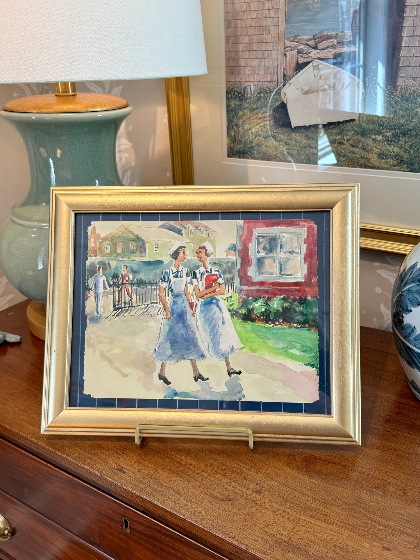 Victoria Donohue Nurses Walking Watercolor Painting in Gold Frame
