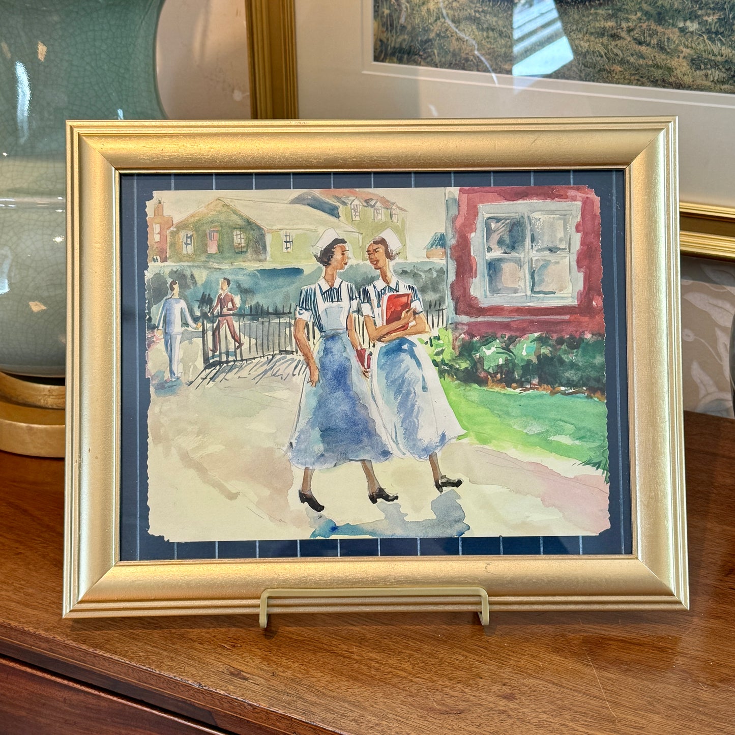 Victoria Donohue Nurses Walking Watercolor Painting in Gold Frame