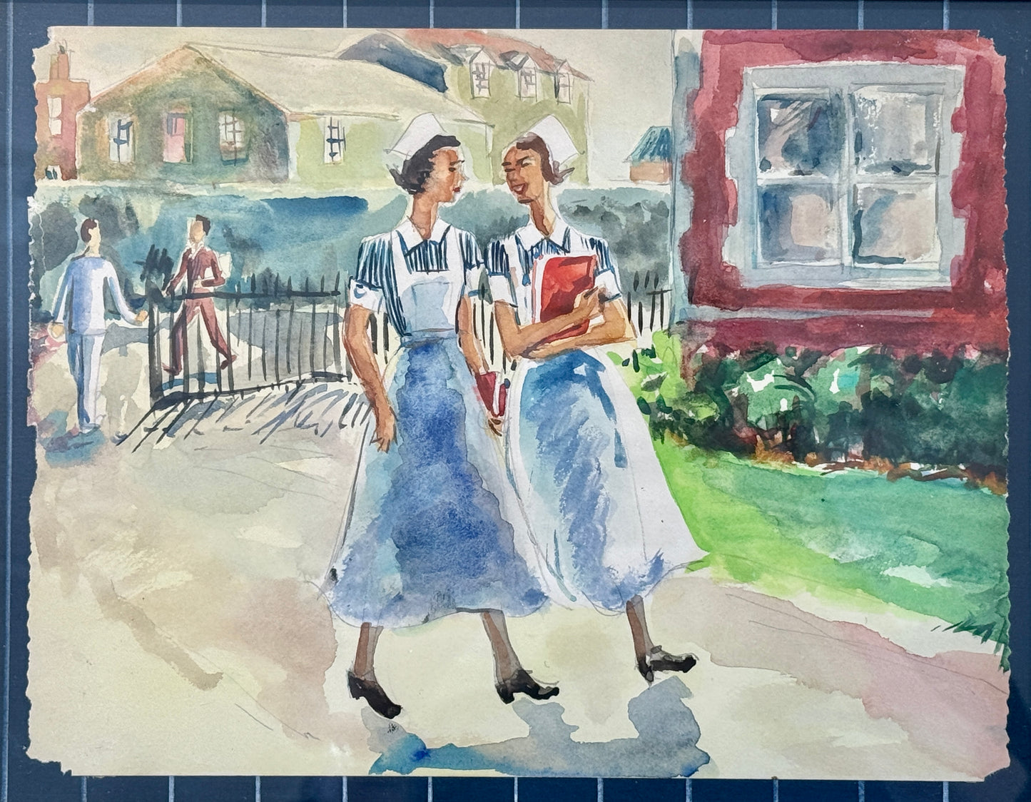 Victoria Donohue Nurses Walking Watercolor Painting in Gold Frame