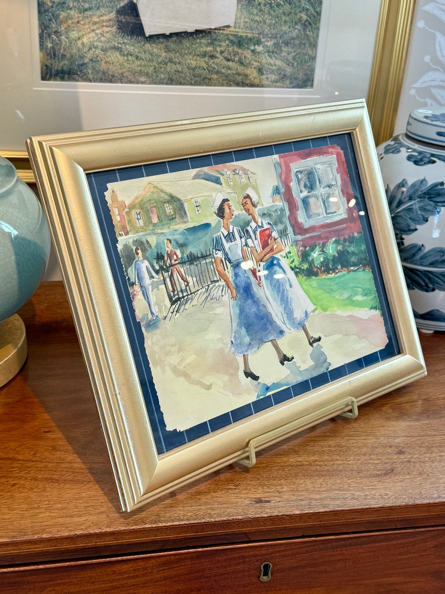 Victoria Donohue Nurses Walking Watercolor Painting in Gold Frame