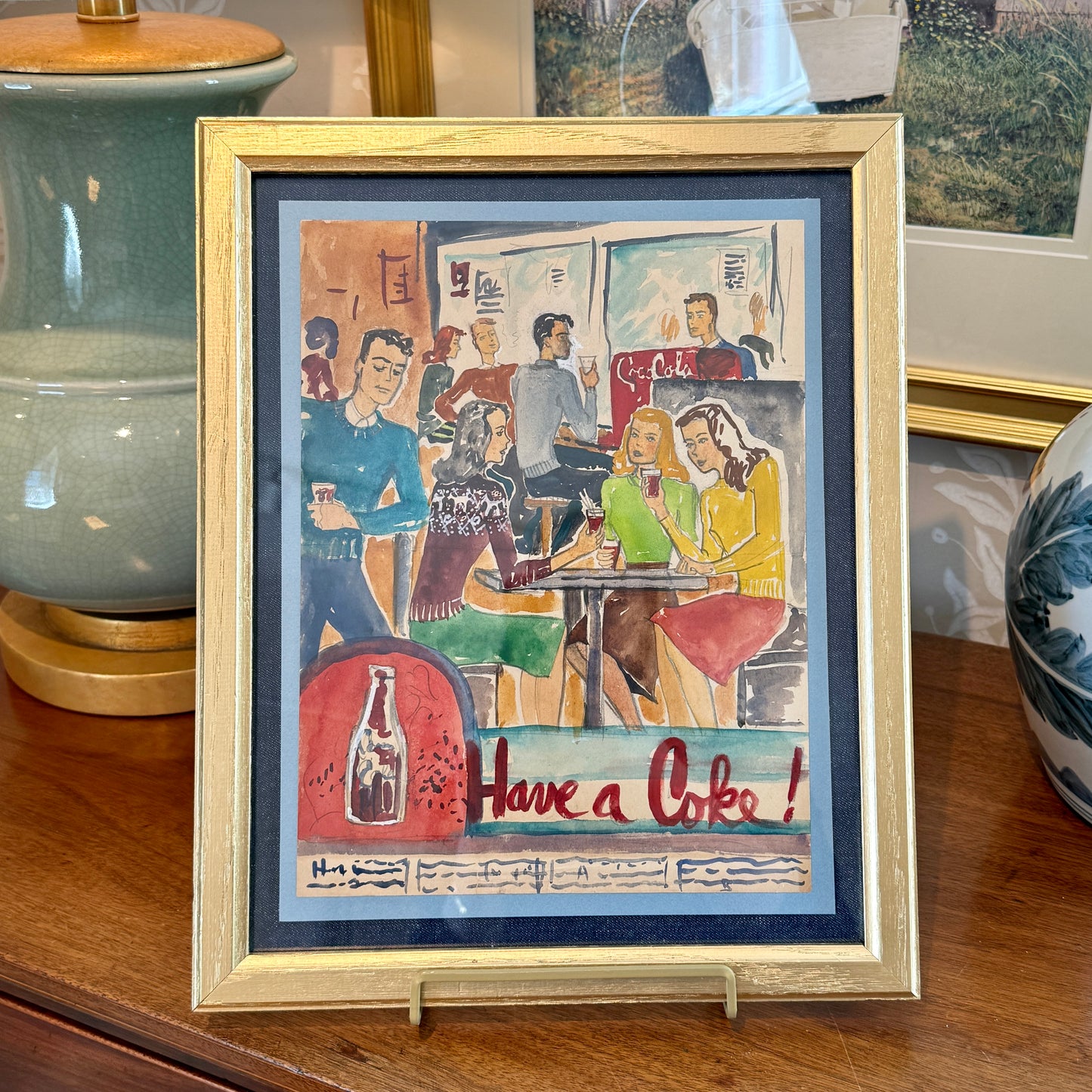 Victoria Donohue 1940s Have a Coke Coca Cola Advertisement Watercolor Painting in Gold Frame