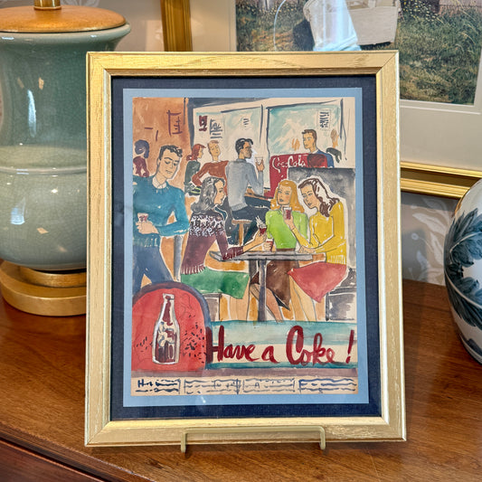 Victoria Donohue 1940s Have a Coke Coca Cola Advertisement Watercolor Painting in Gold Frame