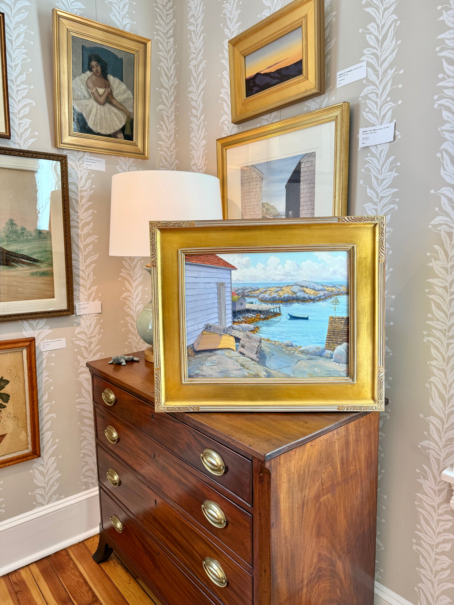Anthony R. Thompson Down by the Harbor Seascape Oil Painting in Gold Frame