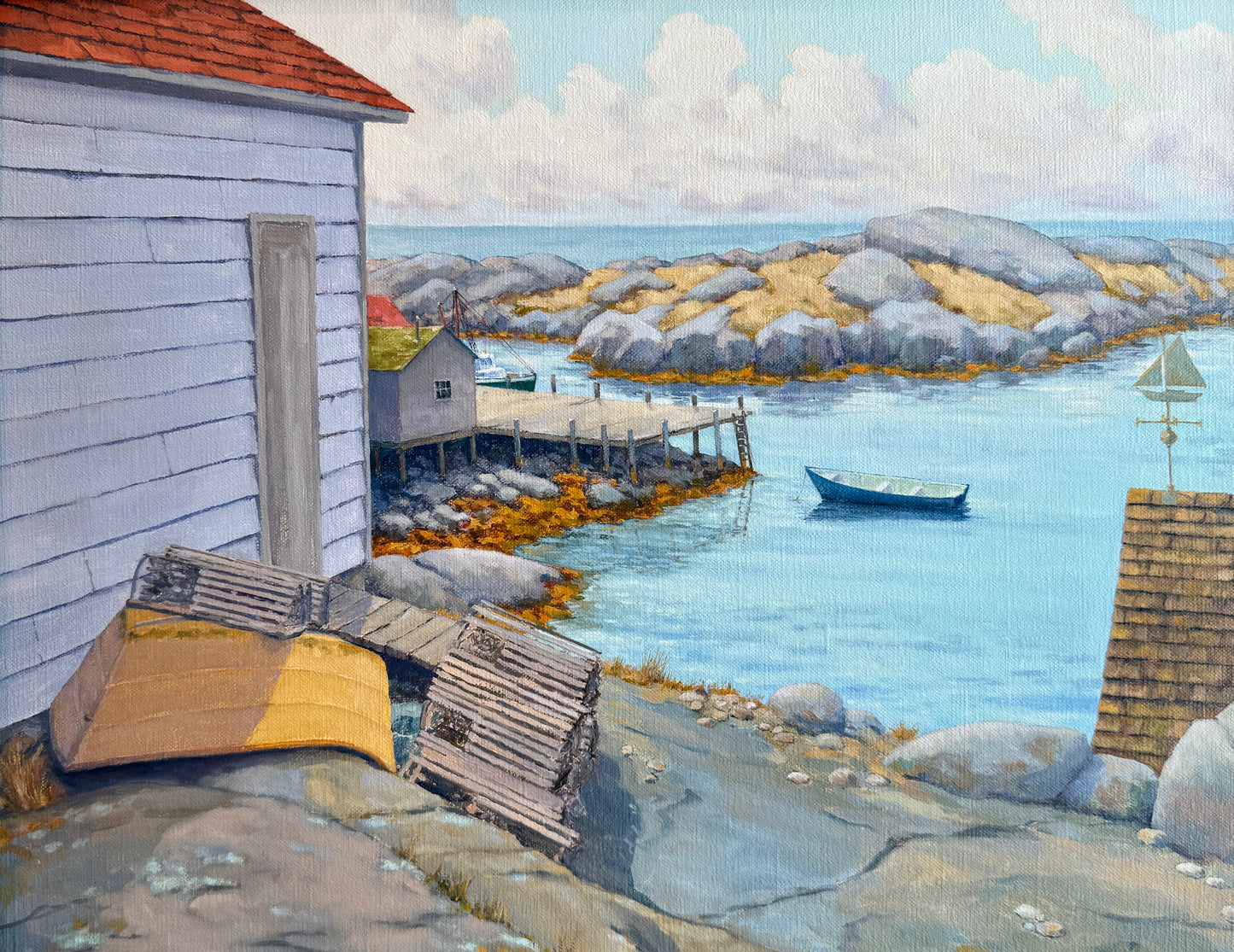 Anthony R. Thompson Down by the Harbor Seascape Oil Painting in Gold Frame