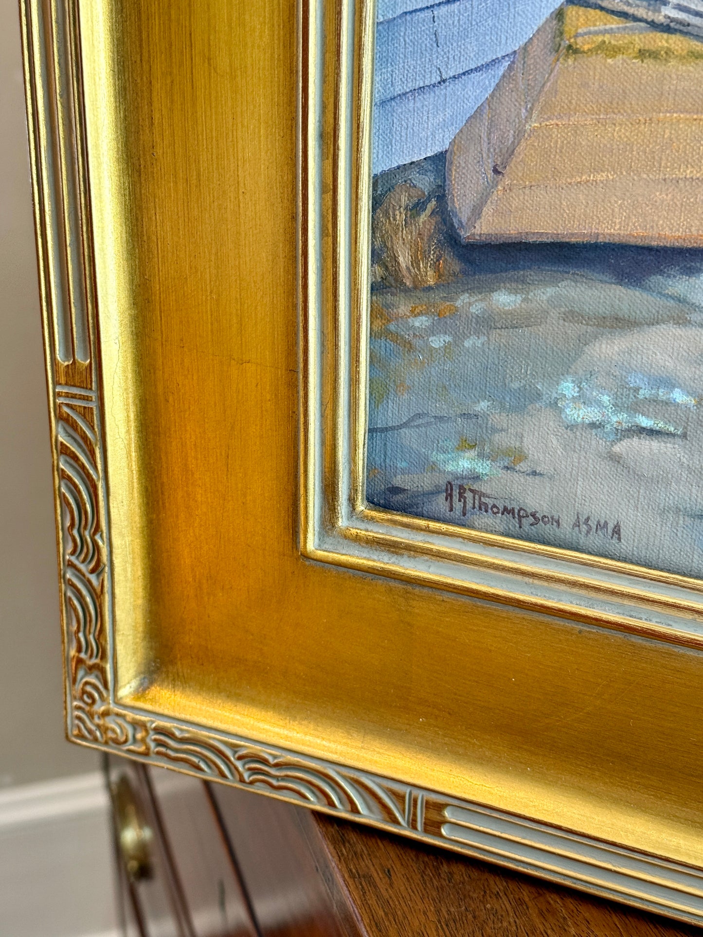 Anthony R. Thompson Down by the Harbor Seascape Oil Painting in Gold Frame