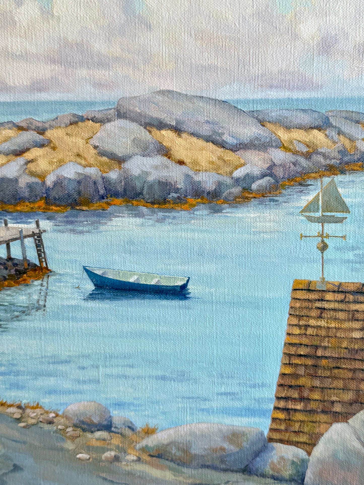 Anthony R. Thompson Down by the Harbor Seascape Oil Painting in Gold Frame