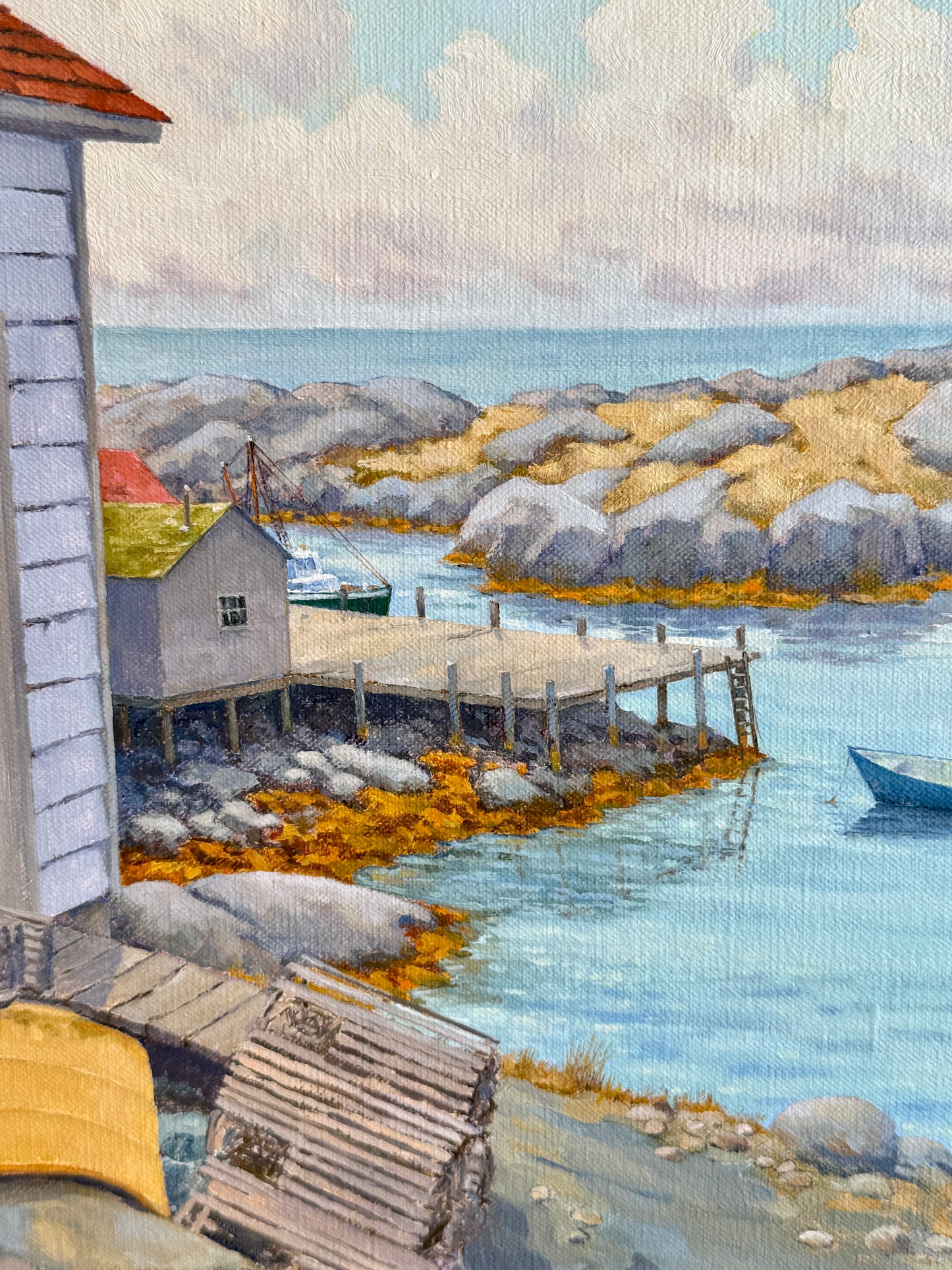 Anthony R. Thompson Down by the Harbor Seascape Oil Painting in Gold Frame