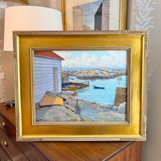 Anthony R. Thompson Down by the Harbor Seascape Oil Painting in Gold Frame