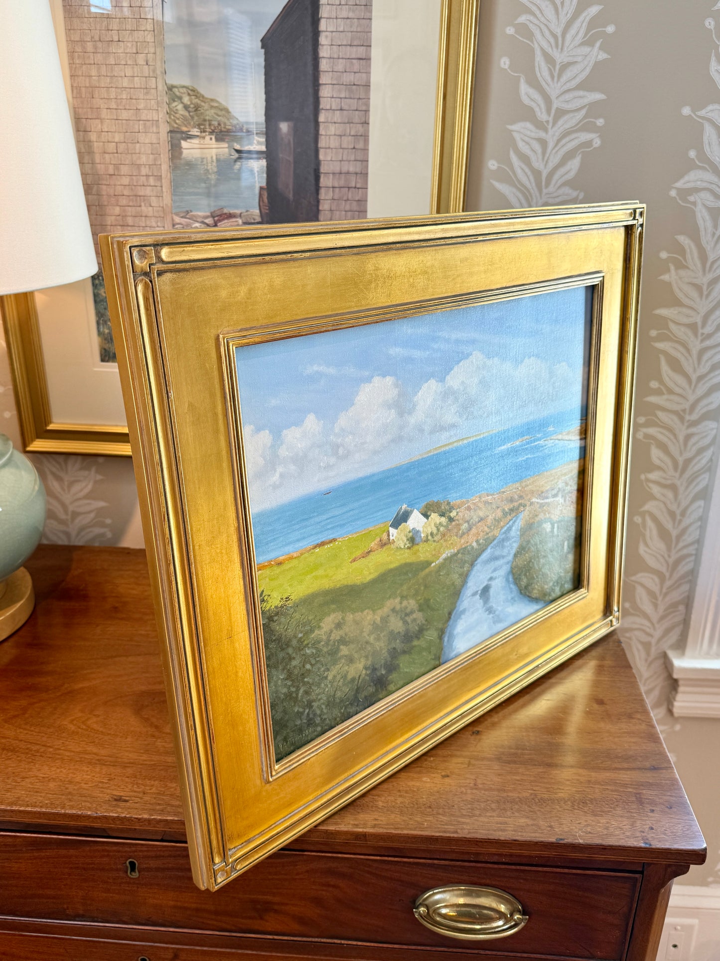 Anthony R. Thompson Seaside Cottage Coastal Landscape Oil Painting in Gold Frame