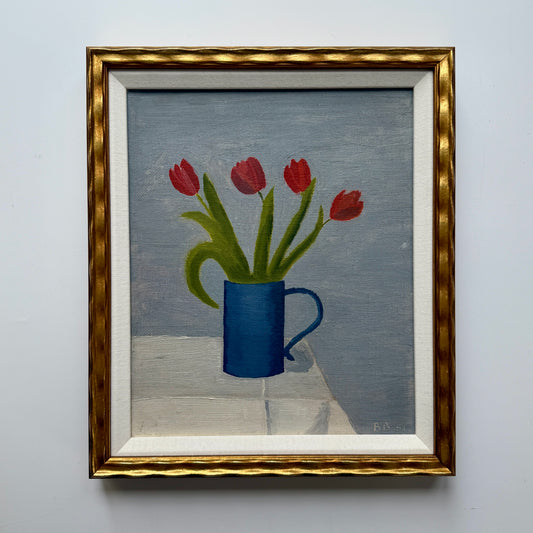 Vintage Scandinavian Red Tulips in Blue Pitcher Oil Painting in Wavy Gold Frame
