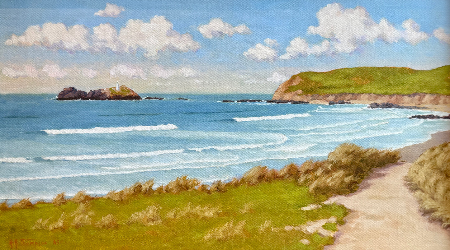 Anthony R. Thompson West Cornwall Coastal Landscape Oil Painting in Gold Frame