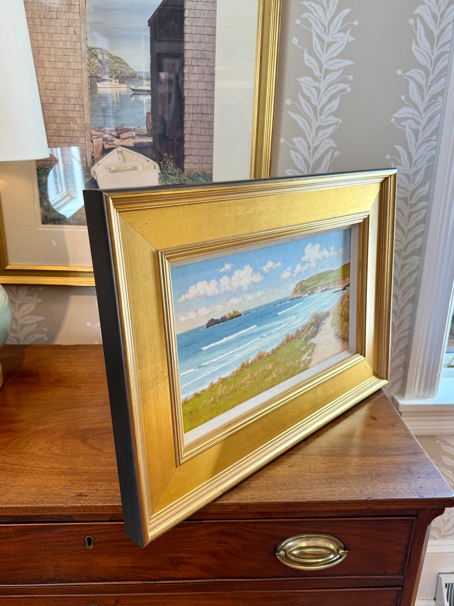 Anthony R. Thompson West Cornwall Coastal Landscape Oil Painting in Gold Frame