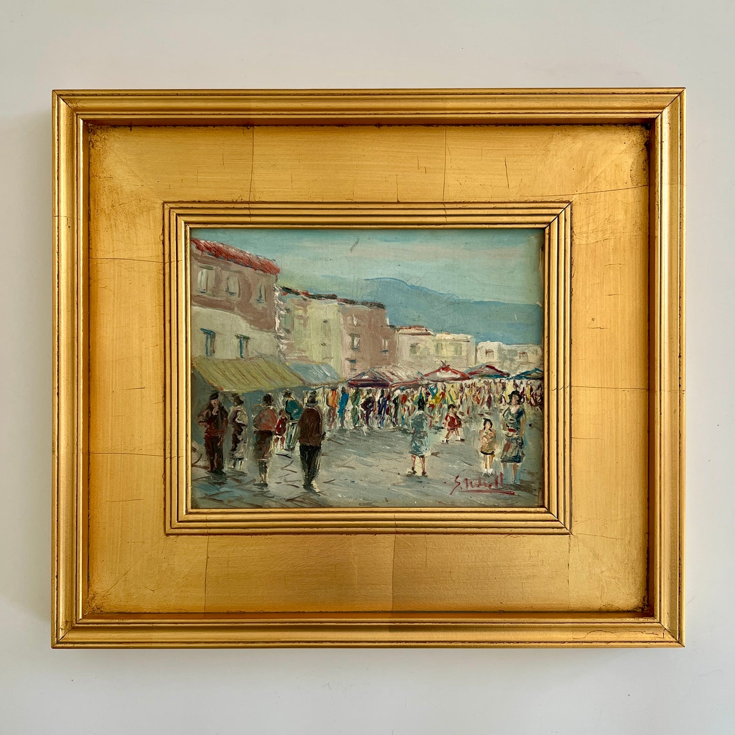 Vintage Impressionist Colorful European Street Market Scene Oil Painting in Gold Frame