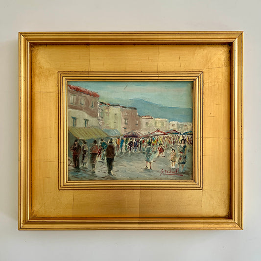Vintage Impressionist Colorful European Street Market Scene Oil Painting in Gold Frame