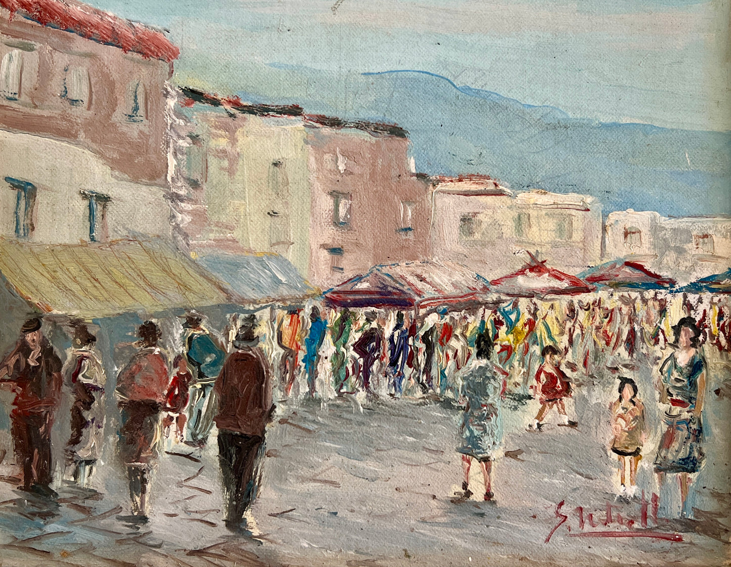 Vintage Impressionist Colorful European Street Market Scene Oil Painting in Gold Frame