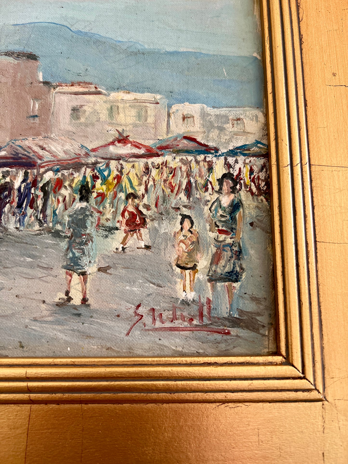 Vintage Impressionist Colorful European Street Market Scene Oil Painting in Gold Frame